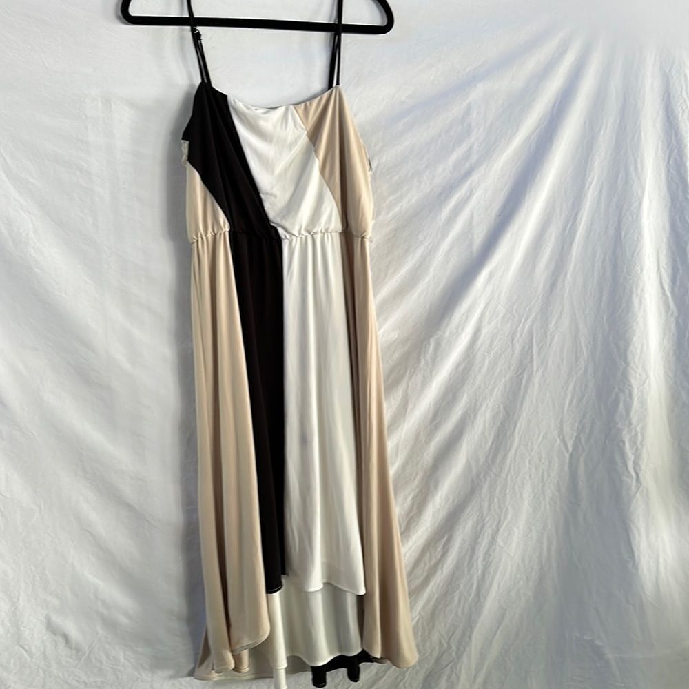 Calvin Klein black/tan/cream skinny strap high/low dress